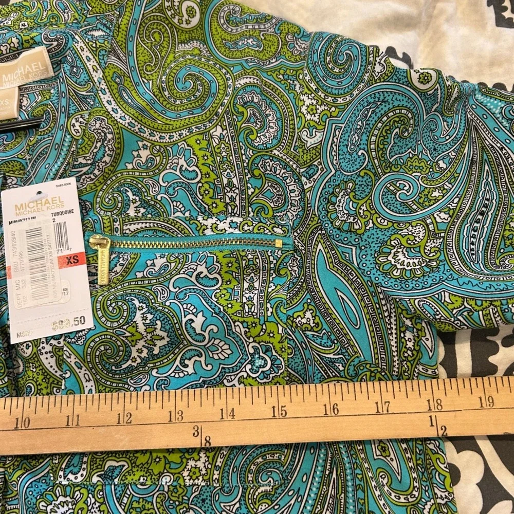 Michael Kors Turquoise Paisley‎ Print Roll Tab Sleeve Green Shirt XS MSRP $89